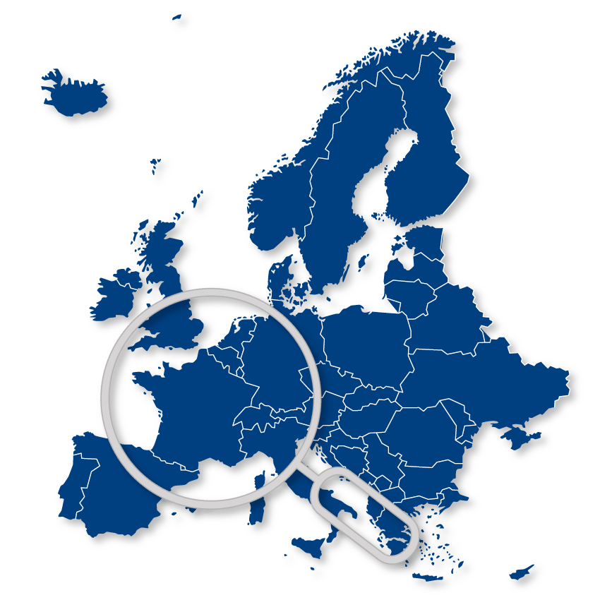 Map of Europe with a large magnifying glass over France.